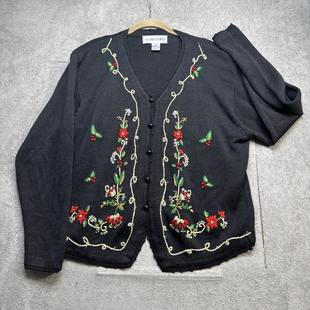 Vintage Black Embroidered Floral Holiday Cardigan Beaded Trim‎ Women's Large